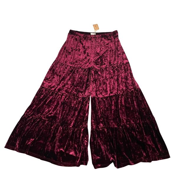 NATURAL LIFE Pants - Natural Life Pant XL Red Crushed Velvet Palazzo Wide Leg Pull On Stretch Festive